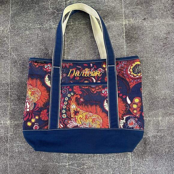Womens Lands End Open Top Boat Tote Darleen Canvas Blue Floral Paisley Beach Bag - Picture 1 of 4